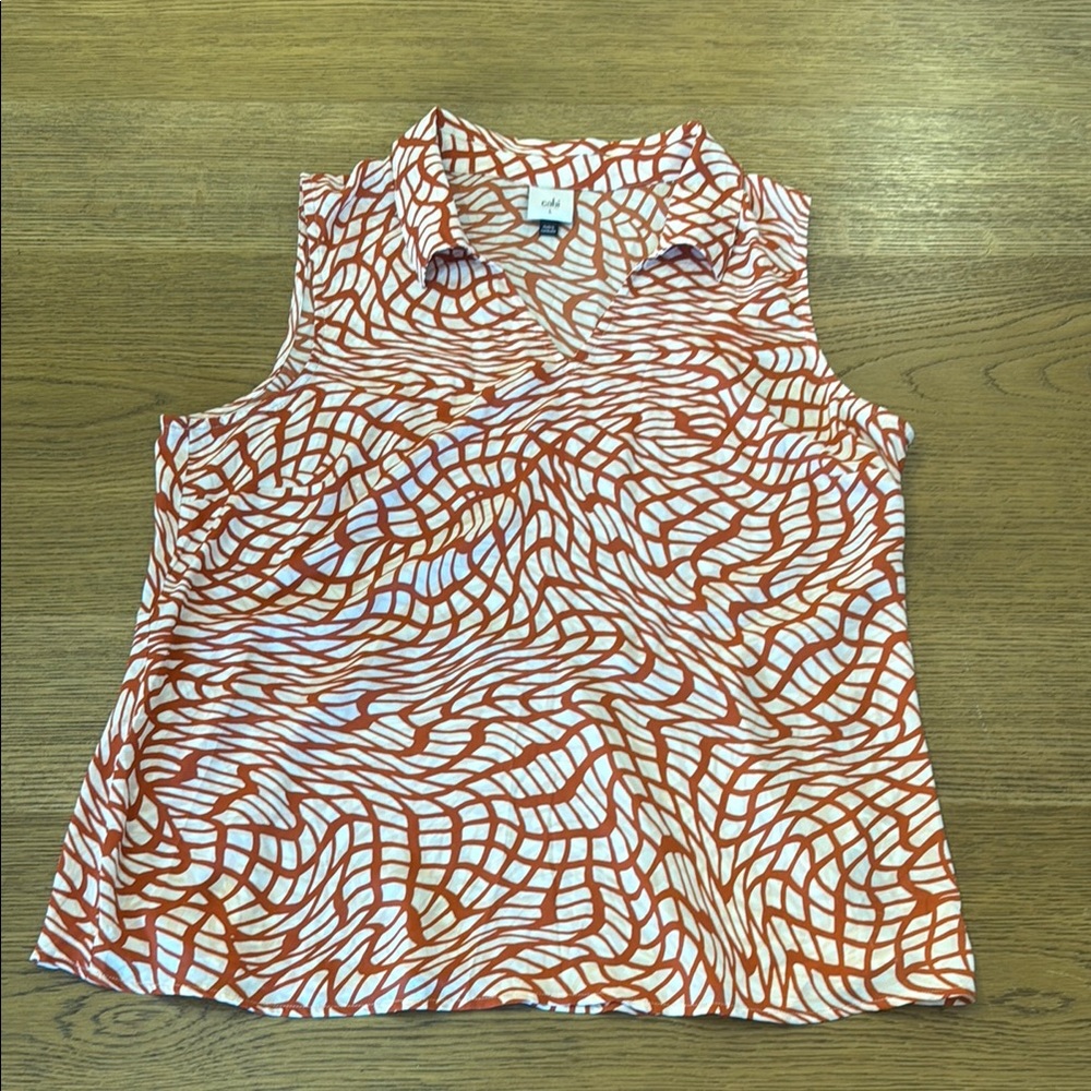 CAbi Brown and White Sleeveless Blouse with Notched Collar